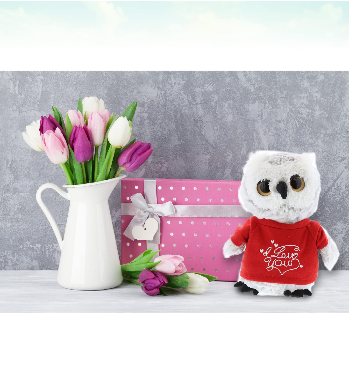 DolliBu I Love You Valentine Plush Grey Owl - Cute Stuffed Animal with Red Shirt and Name Personalization Gift for Valentines Day, Birthday, Anniversary, Romantic Date - 9 Inches