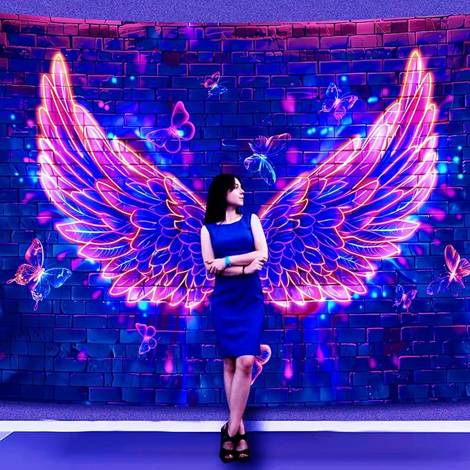 Manicer Blacklight Angel Wings Tapestry, UV Reactive Neon Wings Wall Hanging Tapestries, Fluorecent Butterfly Aesthetic Wa...