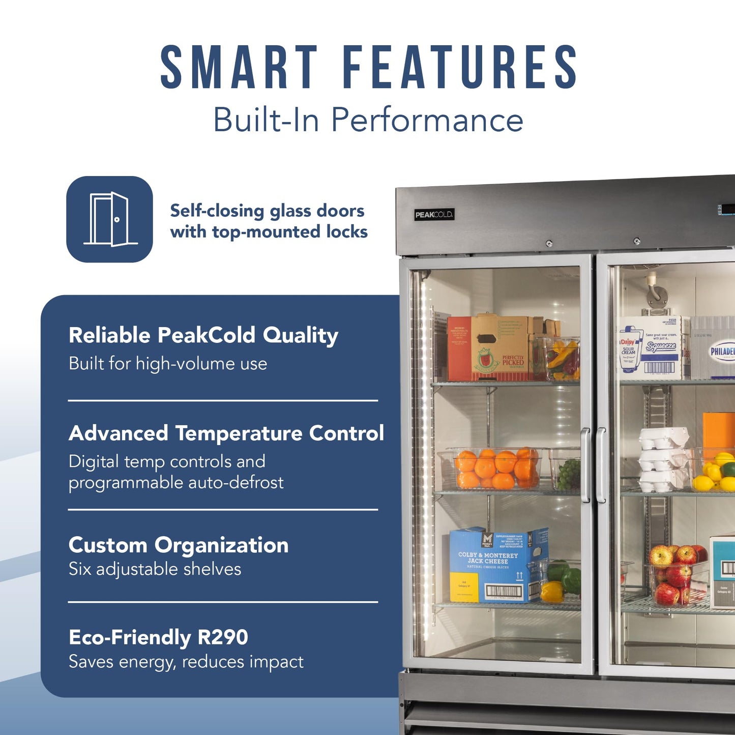 PEAKCOLD Double Glass Door Commercial Refrigerator - 47 Cubic Ft, 54" Wide Stainless Steel Reach-In Commercial Refrigerator with White Internal Lighting - Freestanding Industrial Fridge