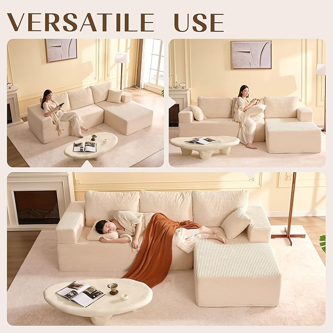 Afuson 107" Boneless Couch with Deep Seat, Modular Sectional Sofa, Cloud Sectional Couch for Living Room, No Assembly Required, Corduroy, L-Shape Right, White