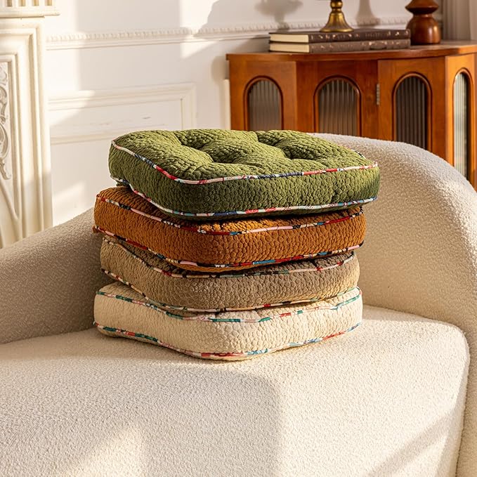 Huierxun Soft Comfort Chair Pads with 3D Dots Pattern Jacquard Warm Square Chair Cushion with Ties Thicken Non-Slip Floor Pillow Fluffy Seat Cushion for Office Dining Kitchen (Green,15"x15")
