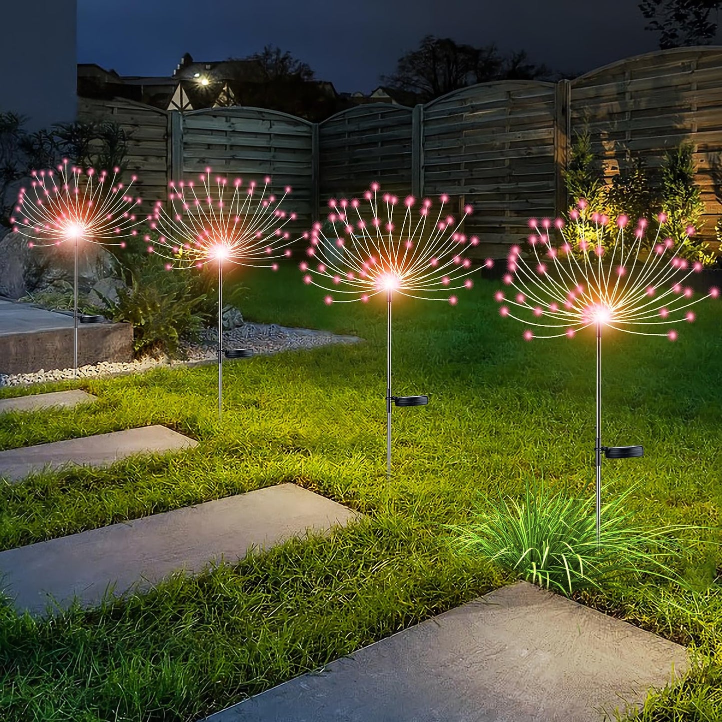 YOTOZU 4 PCS Solar Firework Light, Outdoor Solar Garden Decorative Lights 120 LED Powered 40 Copper Wires String DIY Landscape Light for Walkway Pathway Backyard Decoration Parties Perfect Gifts(Pink)