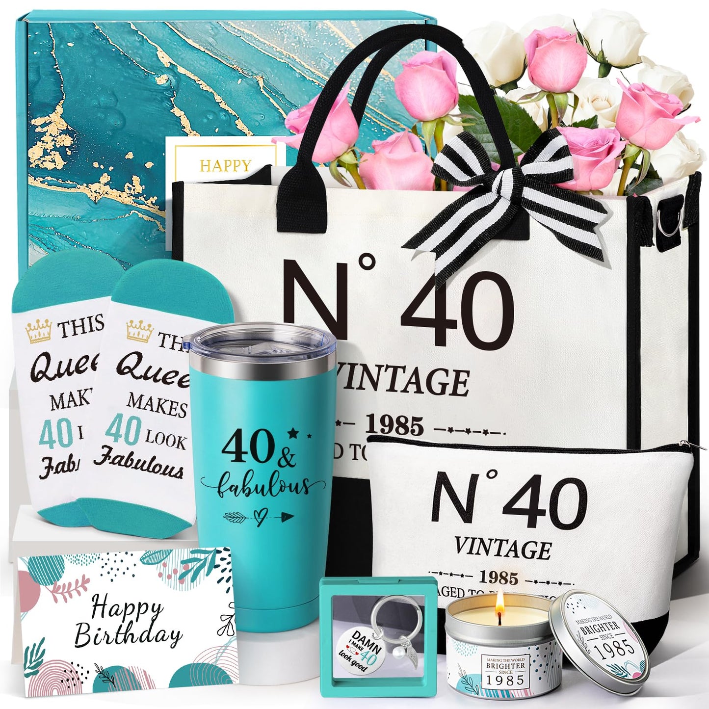 40th Birthday Gifts for Women，Gifts Set for Women 1985 Canvas Tote Bag 40th Birthday Gift for Her UniqueGifts Basket for Her Turning 40 Mom Wife Sister Friend