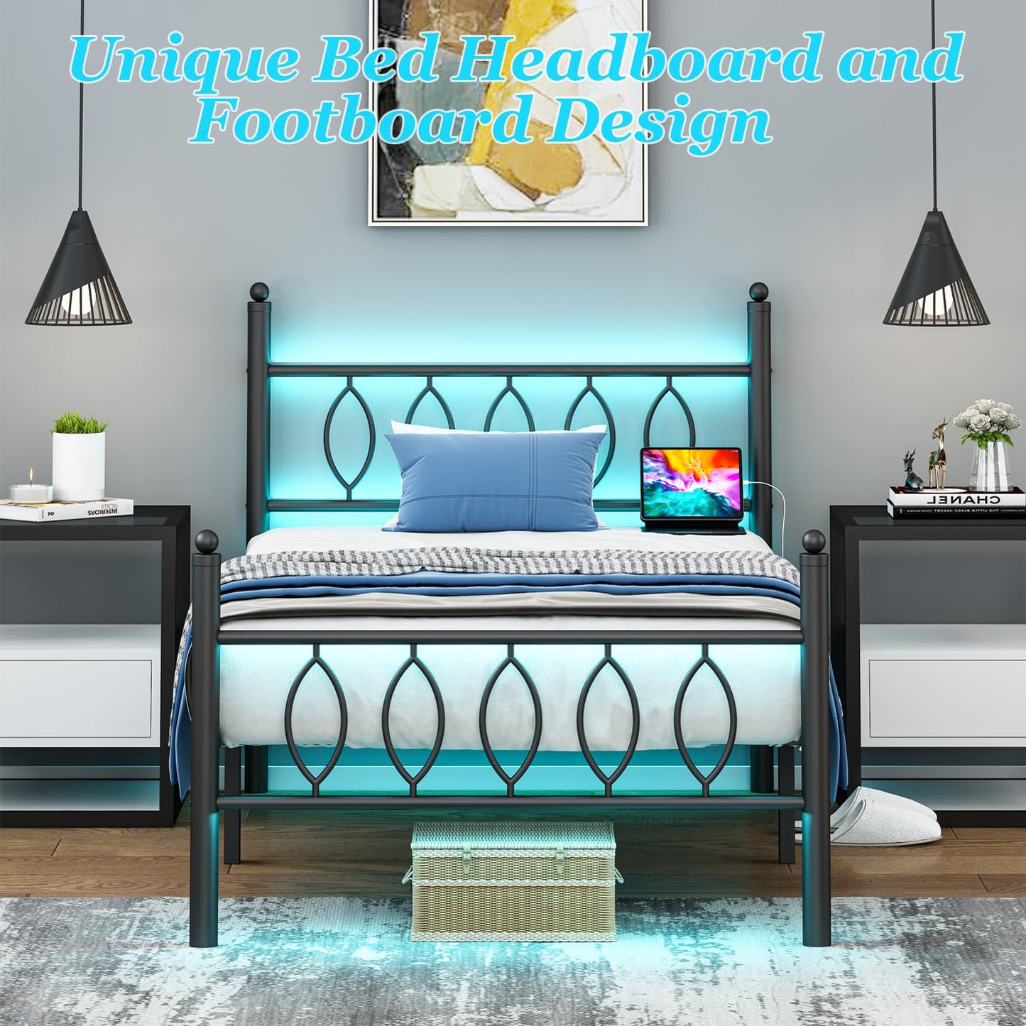 Samurbex Twin Size Bed Frame with Headboard,Black Metal Platform Bed Frame Twin Size with Charging Station & LED Lights,12-Inch Under Bed Storage,No Box Spring Needed,Noise Free,Easy to Assemble