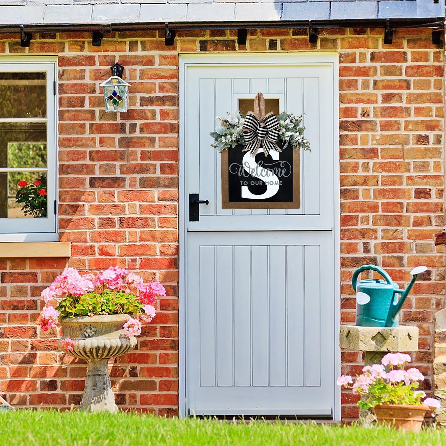 Last Name Year Round Front Door Wreath Front Porch Decoration 26 Letter Welcome Sign with Eucalyptus Garland and Bow Spring Wreaths for Front Door Outside Hanger Garland（S）