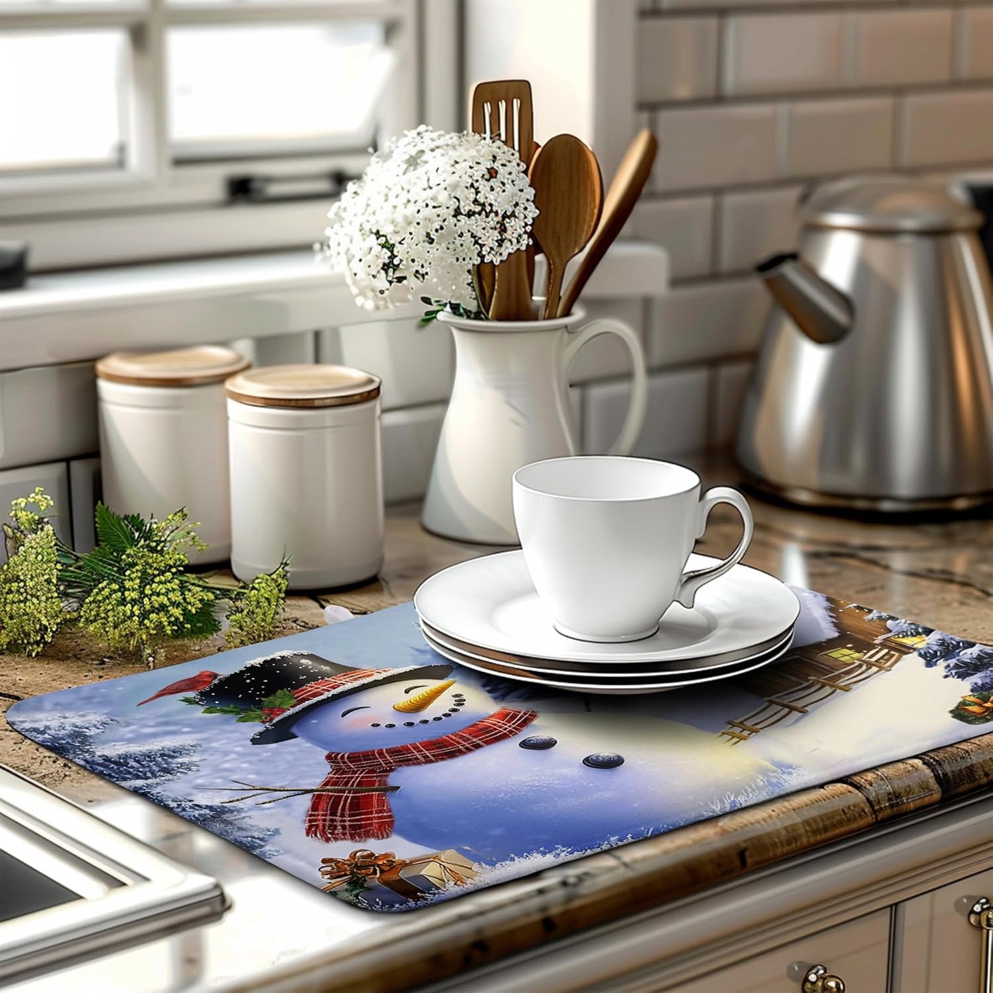 Christmas Snowman Kitchen Drying Mat - Winter Snow Cardinals Pine Trees Dish Drainer - Large Microfiber Absorbent Fast Drying Pad for Kitchen Countertop 1824