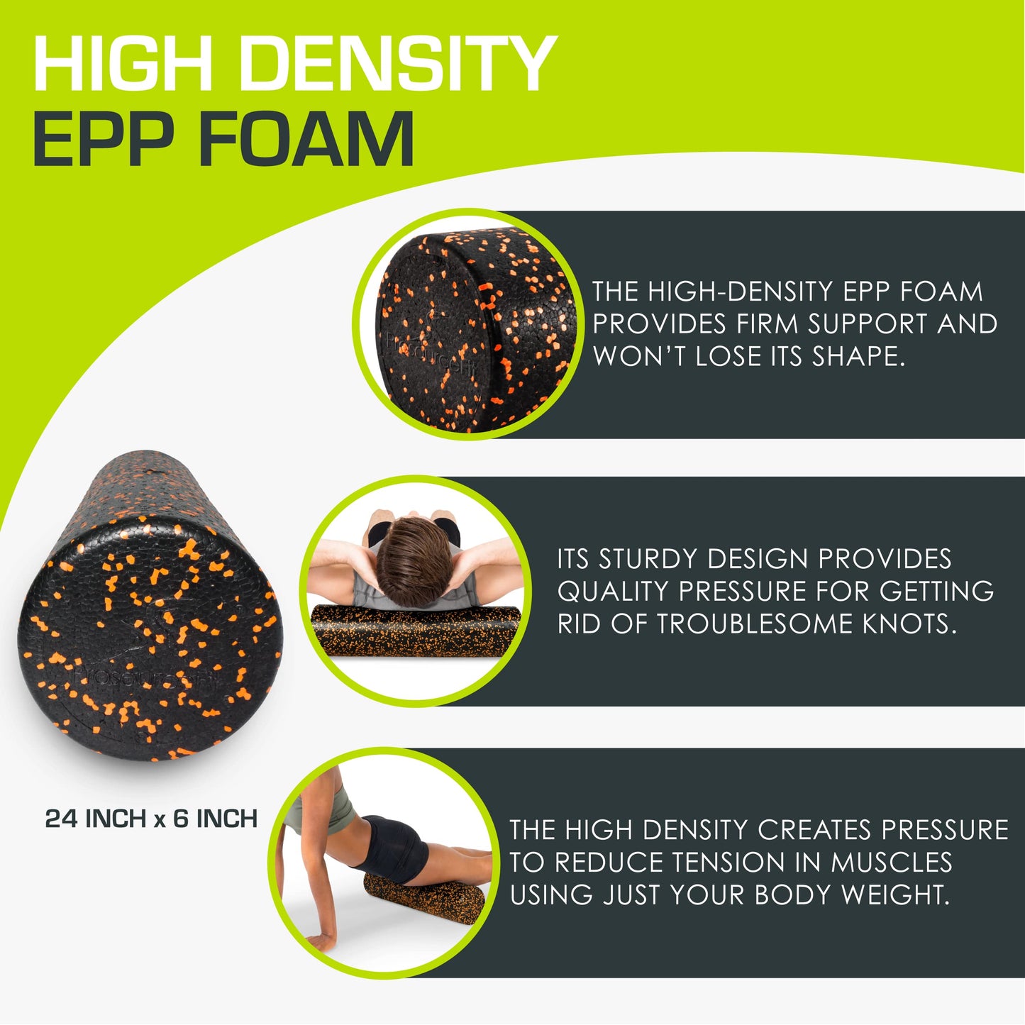 ProsourceFit High Density Foam Rollers 24 - inches long, Firm Full Body Athletic Massage Tool for Back Stretching, Yoga, Pilates, Post Workout Muscle Recuperation, Black/Orange