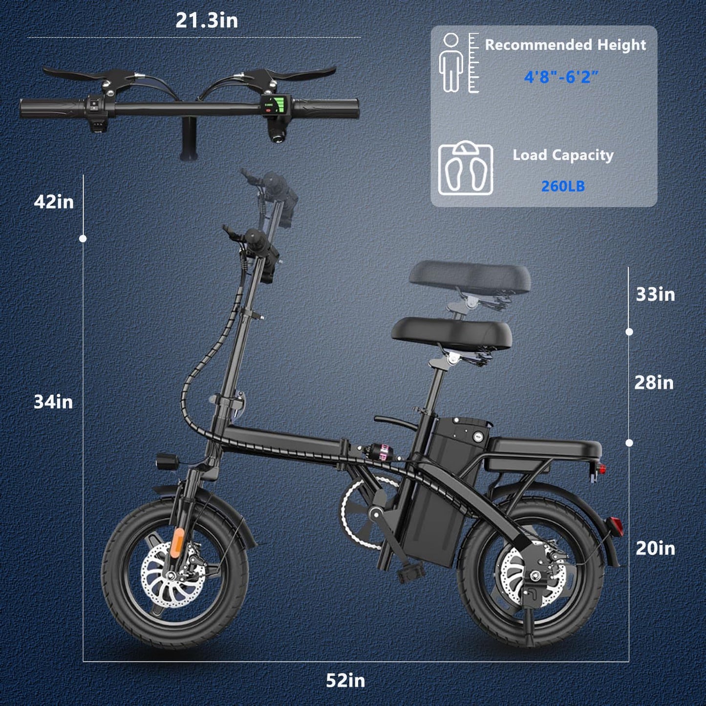 Electric Bike for Adults Peak 500W, 23MPH Max Speed Folding Electric Bicycles, 14" Mini Ebike Pedal Assist, 30° Uphill Shock Absorbers E-Bike, 48V12AH Removable Battery, Top 38 Miles PAS Range (W1)