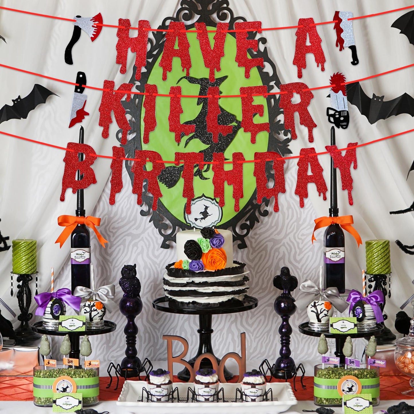 Red Glitter Have a Killer Birthday Banner - Pre-Strung Halloween Hanging Paper Garland Bunting Banner Bloody Decorations, Photo Backdrop for Wall Home Mantel Office Wall Scary Party Supplies