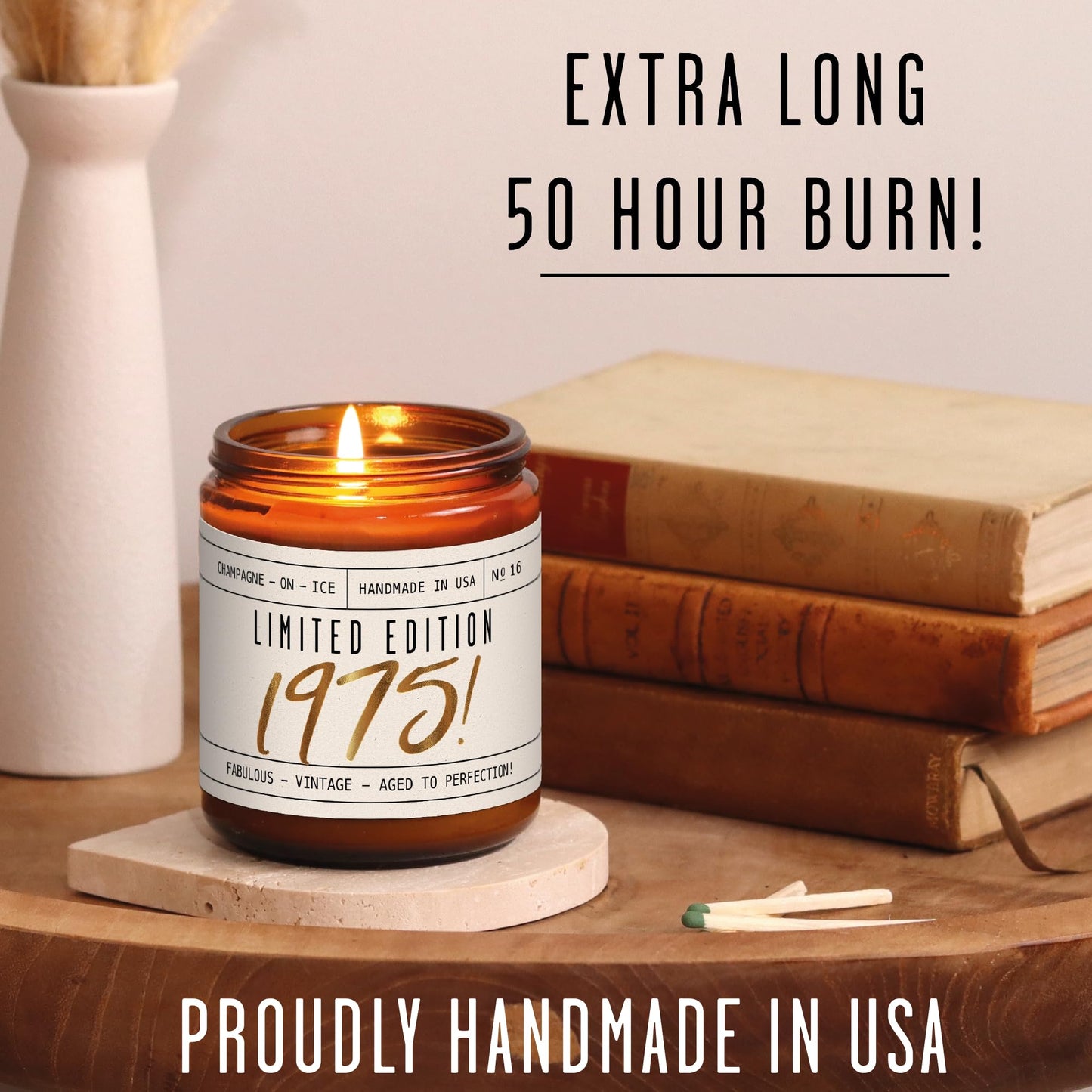 50th Birthday Gifts for Her, 50th Birthday Gifts for Women - 'Limited Edition 1975' Soy Candle, w/Champagne on Ice I 50 Year Old Gifts for Women I 9oz Reusable Jar, 50Hr Burn, Made in USA