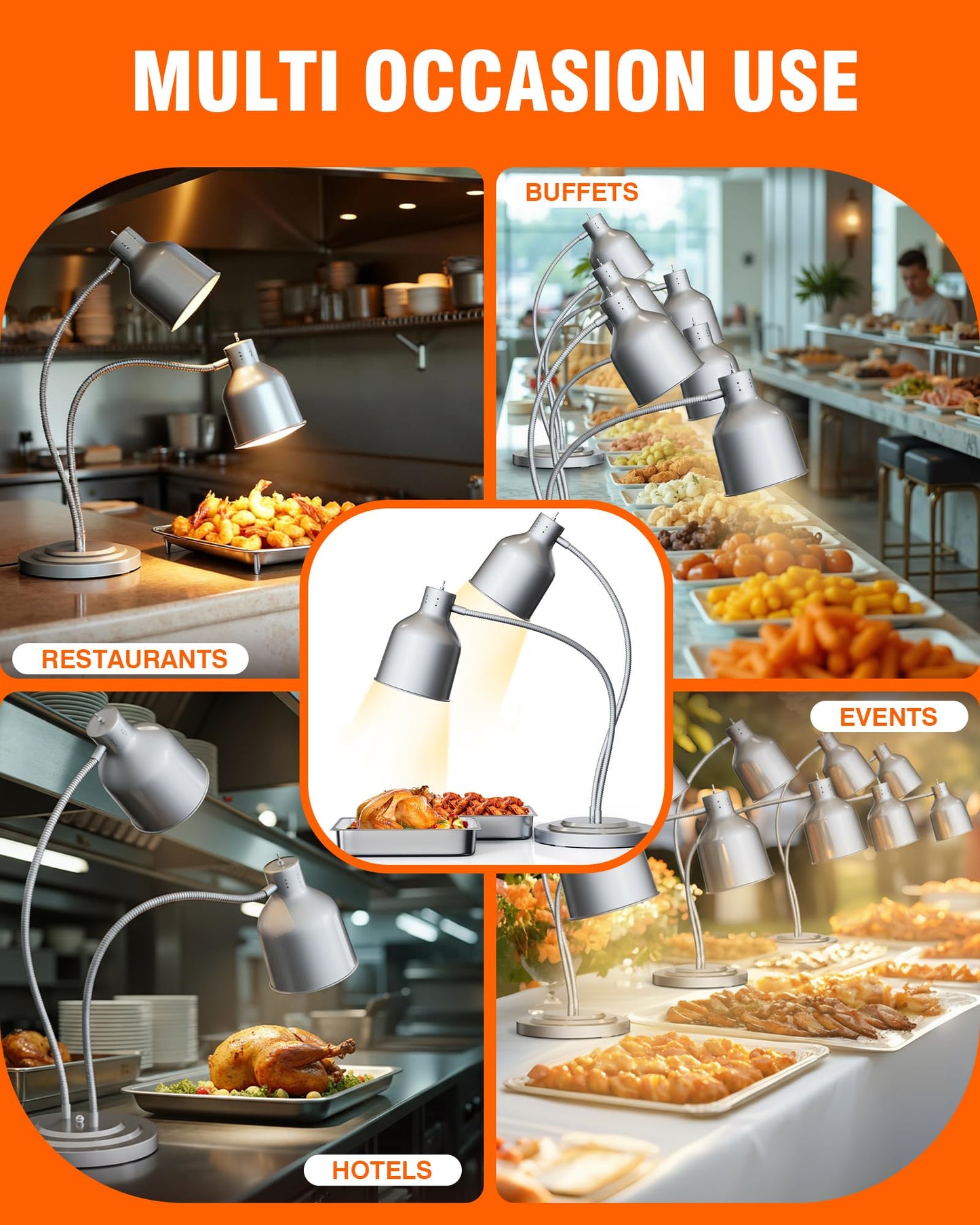Food Heat Lamp - [3 Bulbs Included] 500W Fast-Heating 2-Head Food Warmer Light, ETL-Certified Heat Lamp for Food, Stainless Steel Heavy Base for Restaurant, Catering, Buffet (Silver)
