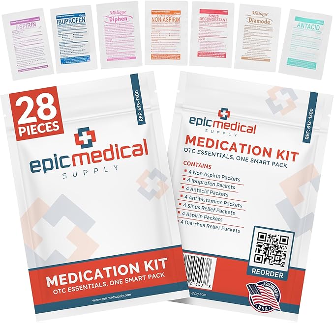 Epic Medical Supply First Aid Kit Medication Refill – 28-Count Unit Dose Packets – Emergency Medicine Kit Pills for 1st Ai...