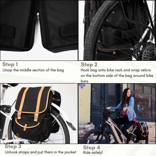 Double Bike Pannier Backpack Laptop Bag 17.3L – Convertible Panniers for Bicycles, Water-Resistant Canvas Commuter, Rear Bike Rack Bags for Laptops, Gift for Bicycle Lovers (Black)