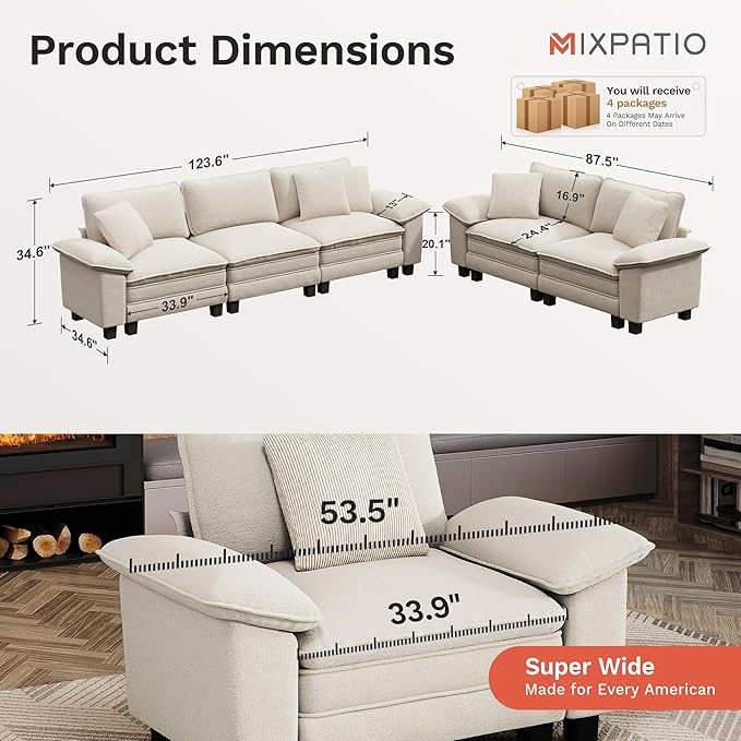 MIXPATIO L-Shaped Cloud Modular Sofa Set with Chaise Lounge, 5-Piece Sectional & Deep Seat, Plush Chenille w/Removable Arms for Living Room - Beige