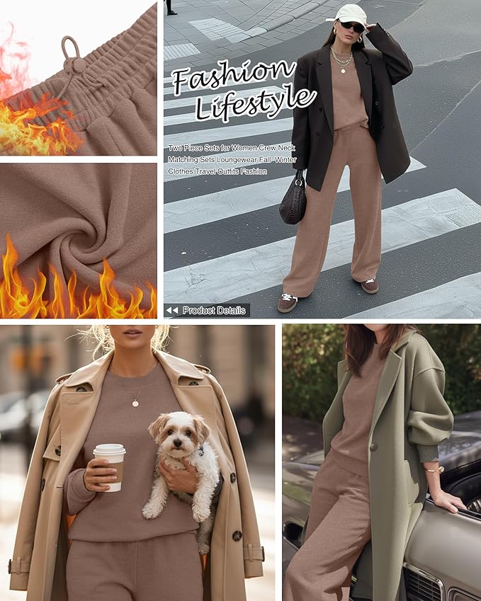 Sweetyweee Women's 2 Piece Outfits Set Fleece Lined Lounge Sweatsuit Crewneck Pullover Top Wide Leg Pants Casual Tracksuit