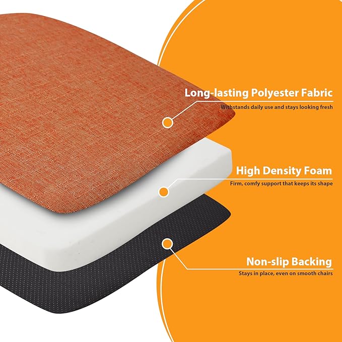 Ruqmuis Chair Cushions for Dining Chairs, 2" Thick Seat Cushions for Kitchen Chairs, D-Shaped Chair Pads with Washable Cover, Ties and Non Slip Backing, 17'' x 16'', Set of 2, Orange