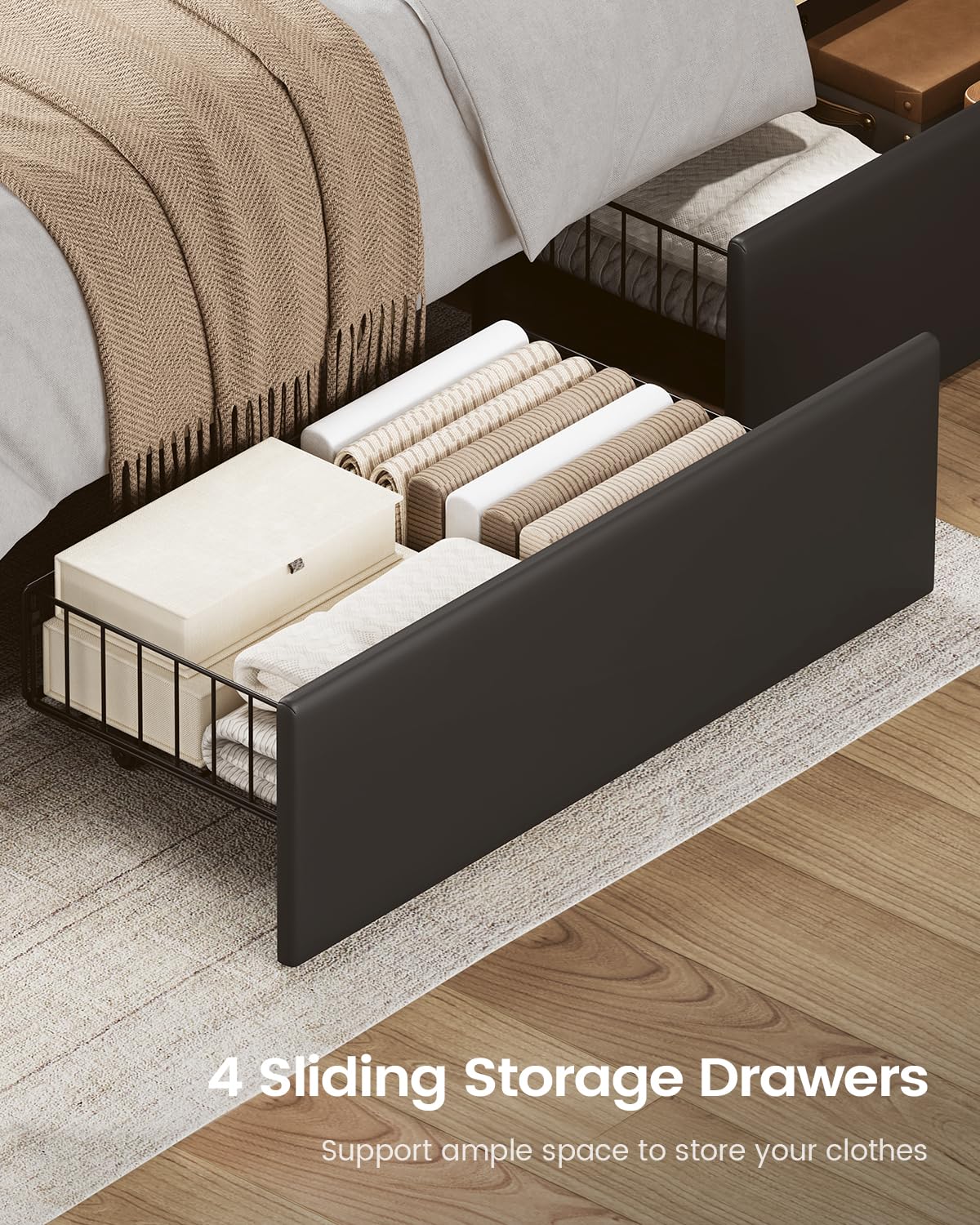 VIAGDO Full Size Bed Frame with Storage Headboard, Black Led Bed Frame Full Size with 4 Storage Drawers and Charging Station, No Spring Box Needed, Black