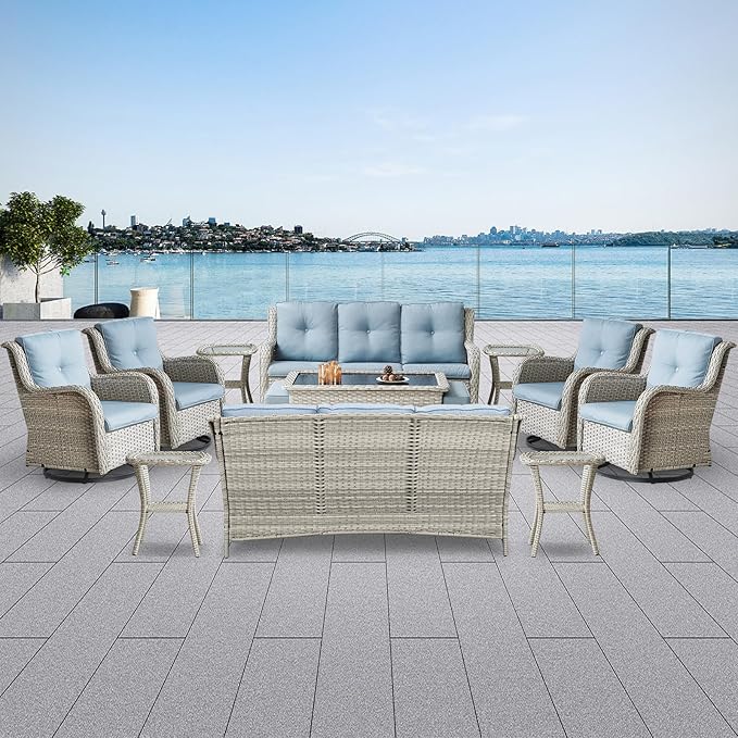 Belord Wicker Patio Furniture Sets - 13 Piece Outdoor Rattan Furniture Conversation Sets with 4 Swivel Rocker Chairs, 2 Rattan Sofas, Wicker Ottomans and Coffee Table, Light Grey/Baby Blue