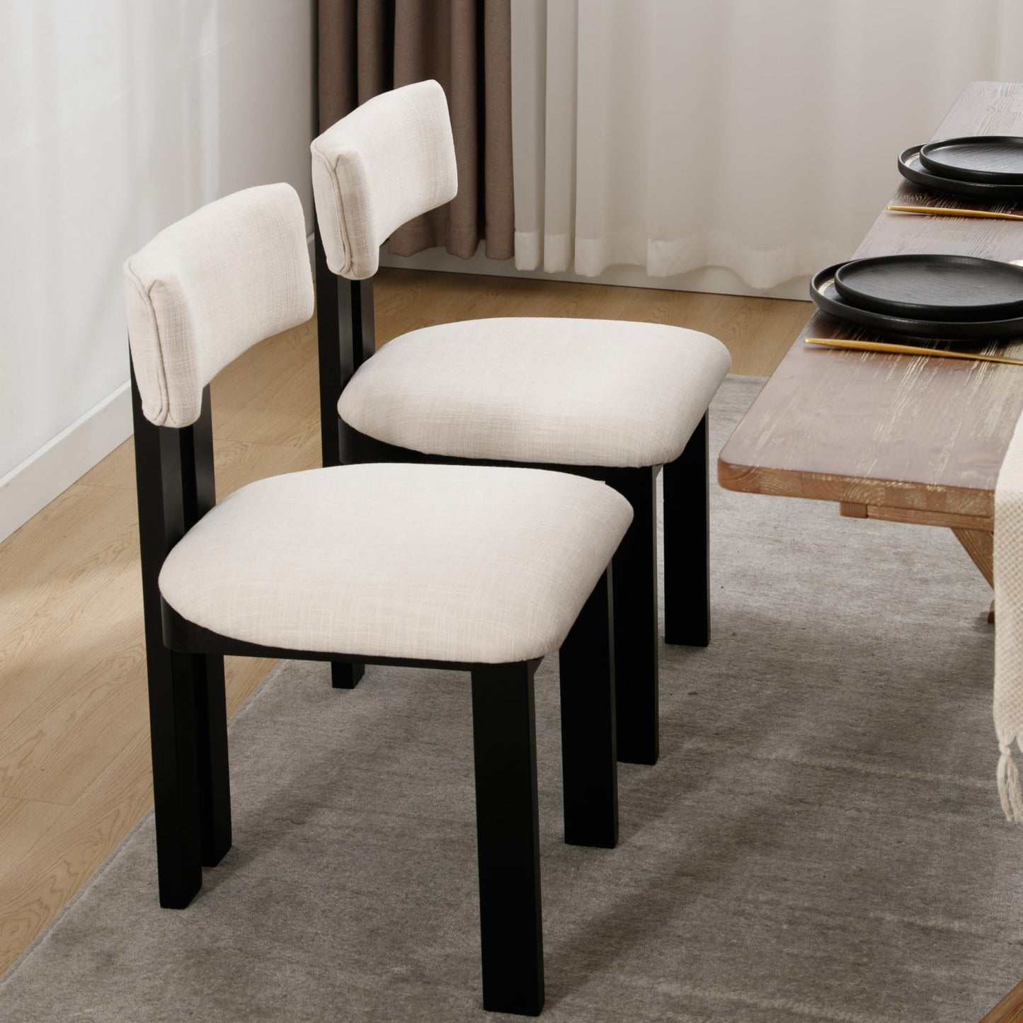 RIVOVA Dining Chairs Set of 4, Modern Upholstered Kitchen Dining Room Chairs with Curved Backrest and Black Wood Legs, Beige