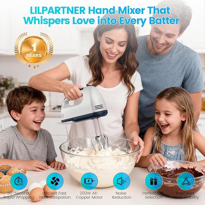 Hand Mixer Electric, Small Food Mixer 7 Speeds Handheld Blender,304 *(1* Whisk, 2* Beater, 2*Dough Hook) Kitchen Blender for Cream, Cookies, Dishwasher Safe, White