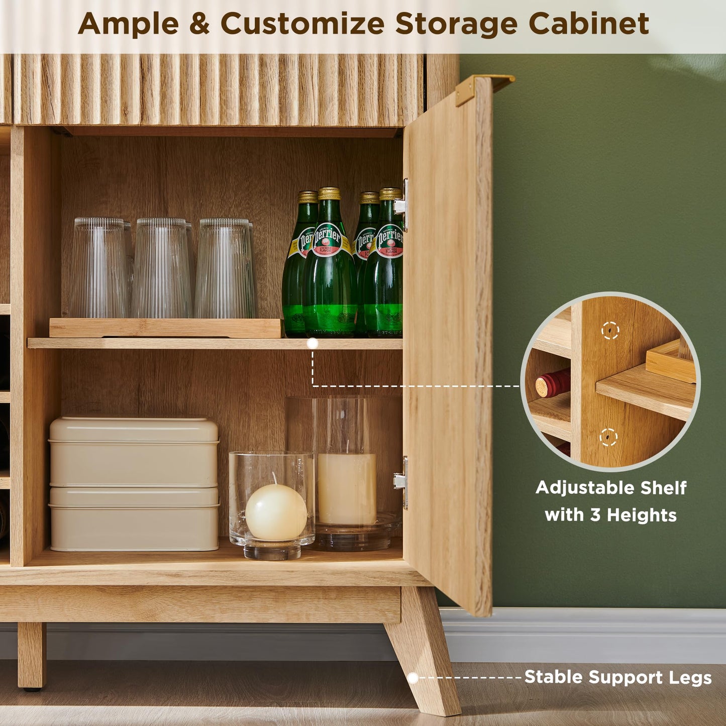 OKD 60" Fluted Buffet Cabinet with Storage - 3 Drawers and 2 Doors, Mordern Wine & Coffee Bar Cabinet with Wine and Glass Racks, Sideboard with Adjustable Shelves for Kitchen, Dining Room,Natural Oak