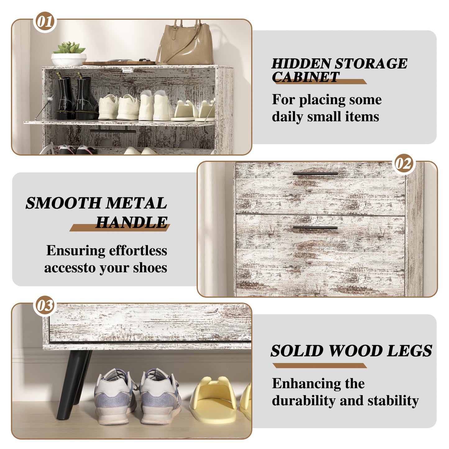IdeaKey Narrow Shoe Storage Cabinet for Entryway with 2 Flip Drawers, 3 Tier Farmhouse Freestanding Shoe Cabinet Slim Wood Shoe Organizer Closed Shoe Rack for Hallway, Foyer, Rustic White