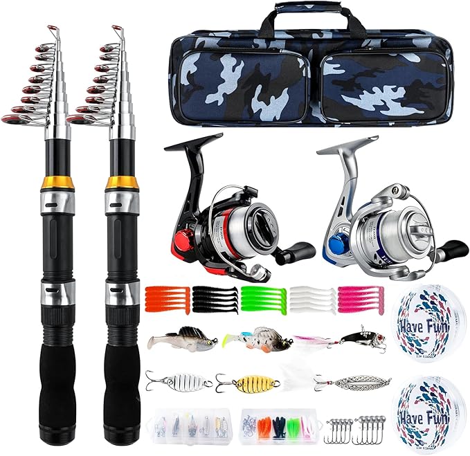 Telescopic Fishing Rod Reel Combo 2PCS 6.89FT Collapsible Fishing Pole Spinning Reel Lures Accessories with Fishing Bag Po...