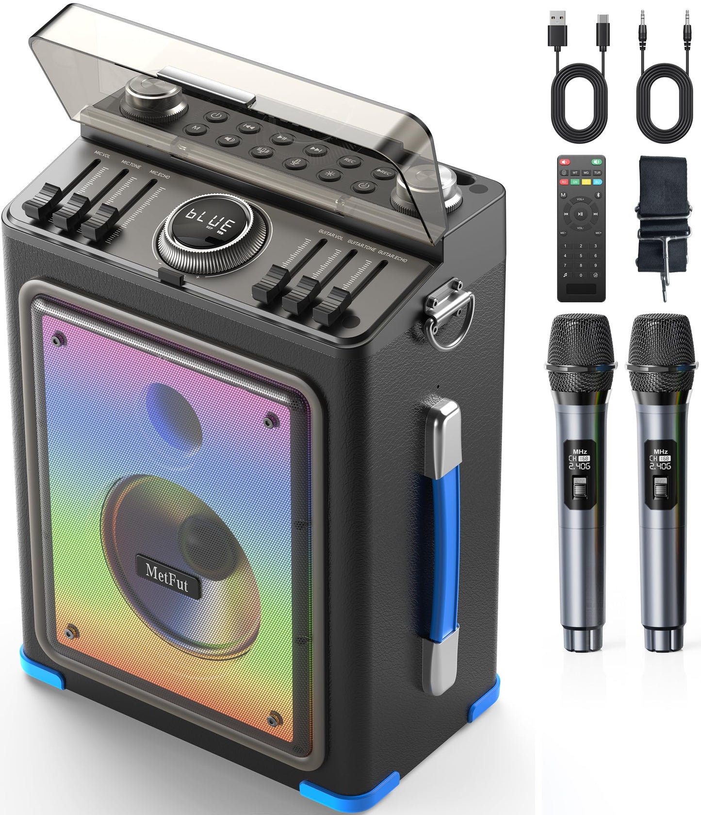 Metfut Professional Karaoke Machine For Adults With Bluetooth 5.3, 2 Wireless Mics, Portable Wooden Speaker Pa System With Bass/