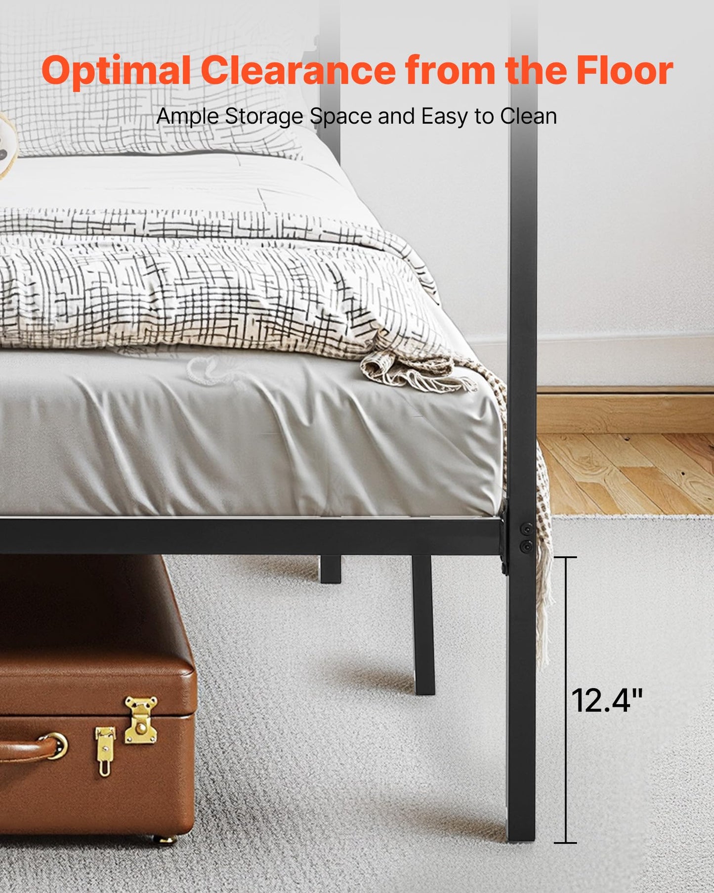 VEVOR King Size Canopy Bed Frame, Metal Canopy Bed with Charging Station and Four Posters Design, Heavy Duty Steel Slats Support, Underbed Storage Space, No Box Spring Needed, Easy Assembly, Black