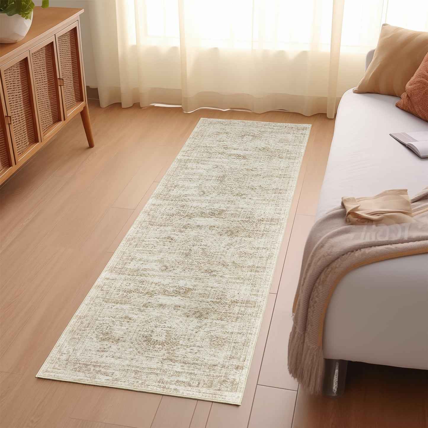 Restydon Long Hallway Runner Rug - Runners for Hallway 12ft, Anti Slip Backing Washable Rug for Bathroom, Entrance, Living Room, Soft Low Pile Mordern Runner(2'x12', Beige/Ivory)