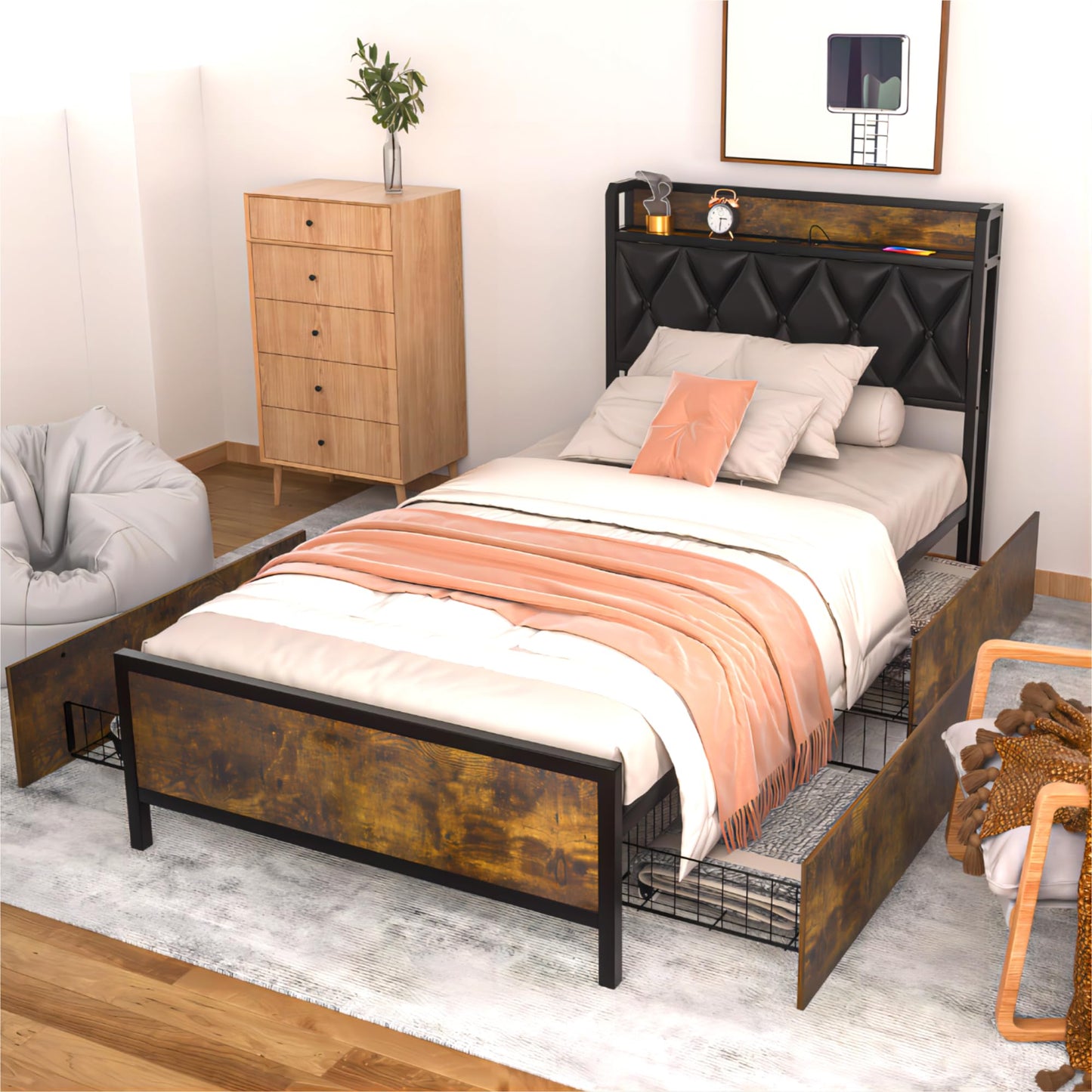 GAZHOME Twin XL Bed Frame with 4 Storage Drawers and Charging Station, Twin XL Upholstered Platform Bed Storage Headboard, No Box Spring Needed, Heavy Duty Slats, Noise Free, Easy Assembly