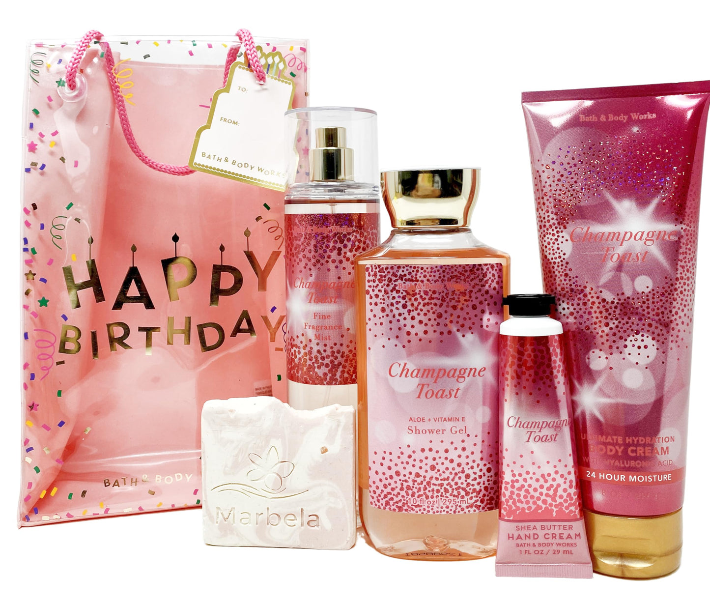 Bath & Body Works Champagne Toast - Gift Bag Set - Fine Fragrance Mist, Body Cream, Shower Gel and Hand Cream With a Himalayan Salts Springs Sample Soap.