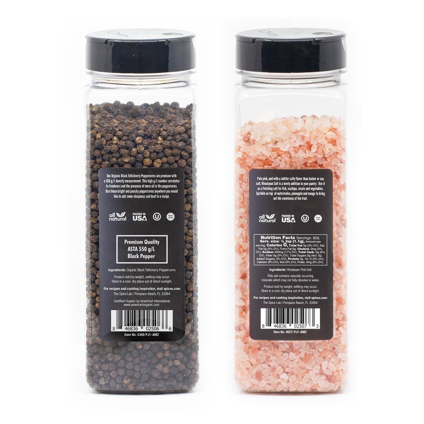 The Spice Lab Pink Himalayan Salt Coarse 2.2 Pound Tub & USDA Organic Tellicherry Peppercorns 18oz Tub - Combo Salt and Pepper Gift Pack - Peppercorns for Grinder