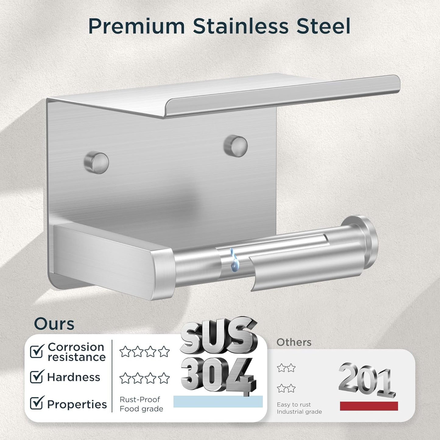 FORIOUS Toilet Paper Holder with Shelf, Adhesive or Screw Wall Mount Toilet Roll Holder for Bathroom, Rustproof 304 Stainless Steel Commercial Toilet Tissue Holder, 2 Pack Brushed Nickel