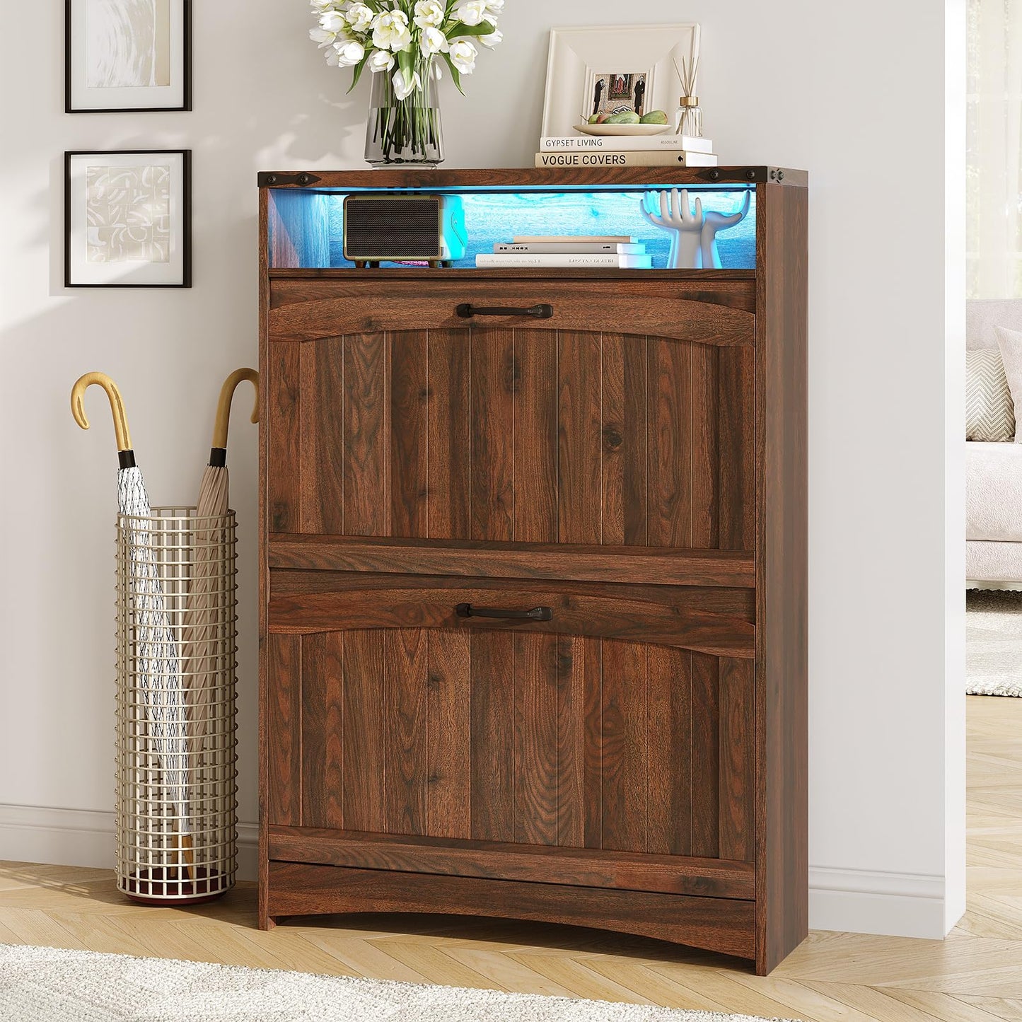 Maupvit Shoe Storage Cabinet with 2 Flip Drawers & Open Storage & RGB Lights, Narrow Shoe Rack Organizer Cabinets, Slim Shoe Cabinet for Entryway, Entrance, Hallway, Foyer, Walnut Brown