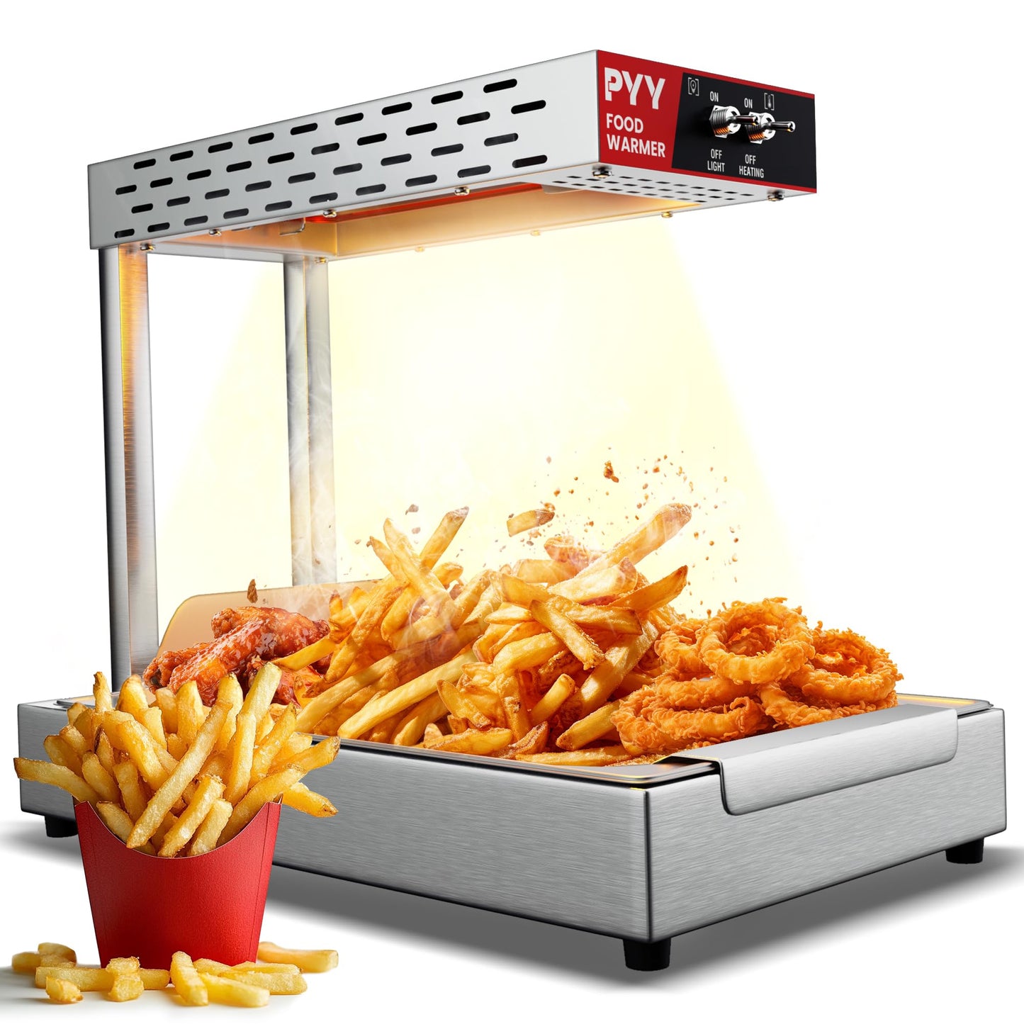 PYY Commercial French Fry Warmer - Food-Grade 304 Stainless Steel Countertop Free-Standing Heat Lamp, 450W with Removable Drip Pan, One-Button Operation for Chips Churros Fried Foods, Silver
