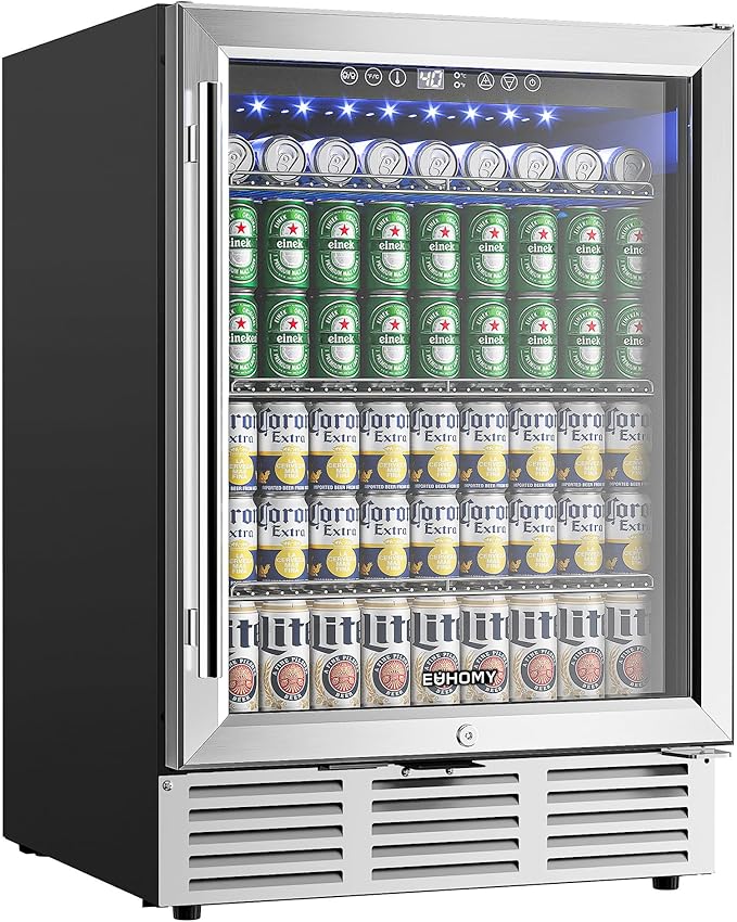 EUHOMY 24 Inch Beverage Refrigerator, 180 Can Built-in Beverage Cooler, Under Counter Beer Fridge with Glass Door for Sod...