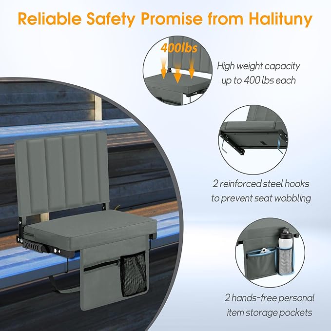 Halituny Stadium Seat for Bleachers with Back Support, Portable Bleacher Seat with Wide Comfy Padded Cushion, Metal Hook, Folding Stadium Chair with Shoulder Strap, Carry Handle, Cup Holder