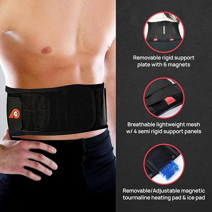 PRIMEKINETIX Pcore Dynamic Lower Back Support Belt - Adjustable Lumbar Brace for Pain Relief with Heat & Ice Therapy - Posture Corrector for Men Women - Breathable Core Support Belt, Size S