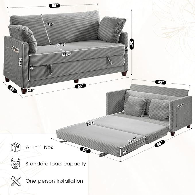 65" Convertible Loveseat Sofa Bed, 2-in-1 Folding Sofa Bed with 2 Pillow for Small Spaces, Modern Loveseat Sleeper Couch for Apartment, Living Room & Guest Room (Light Grey Corduroy, 65 inch)