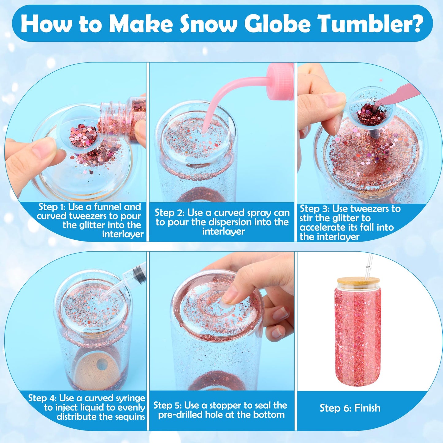 7 PCS Snow Globe Tumbler Supplies, Anglecai Snow Globe Cup DIY Tool for Glitter Snow Globe Kit with 2P 16oz Pre Drilled Double Wall Cup, Squeeze Bottle, 2P Funnel, Tweezer, Bent Syringe