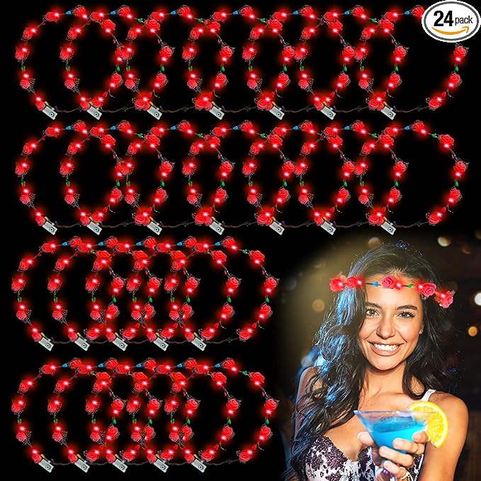 YOFOBU 24PCS LED Flower Crown,Red Light Up Flower Headband for Women,Glow in The Dark Flower Wreath Crowns for Weddings,Br...
