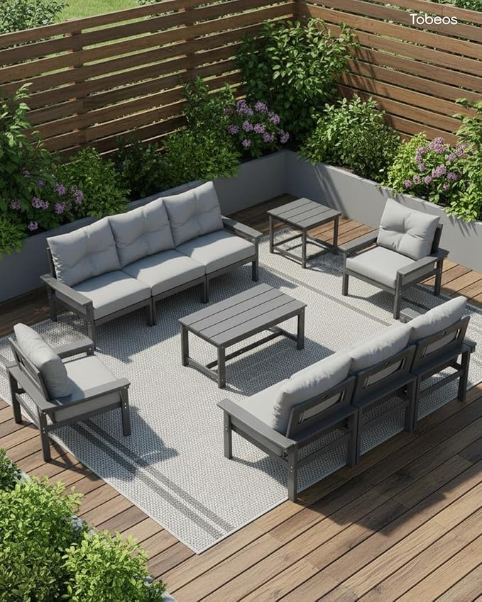 HDPE 4 Piece Patio Furniture Set, All-Weather Outdoor Couch with Thick Cushions & Coffee Table & Side Table, Patio Conversation Sets for Lawn, Garden, Porch, Balcony, Deck, Poolside, Grey
