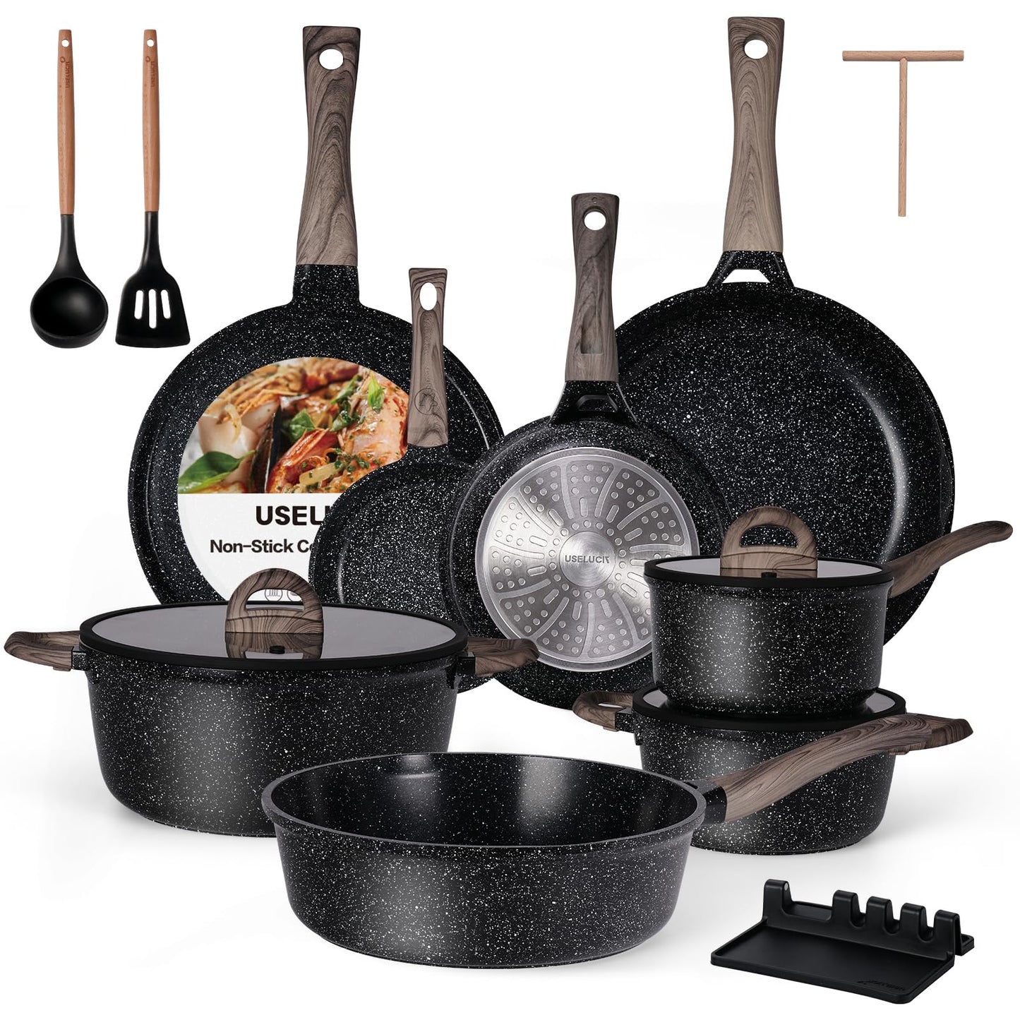 USELUCK Ceramic Cookware Set 22 Piece Nonstick Pots and Pans Set Non Stick Kitchen Cooking Sets 8"Frying Pans with Lid,Black Granite Non-Toxic Induction Kitchen Cookware w/Glass Lids PFOS/PFOA-Free