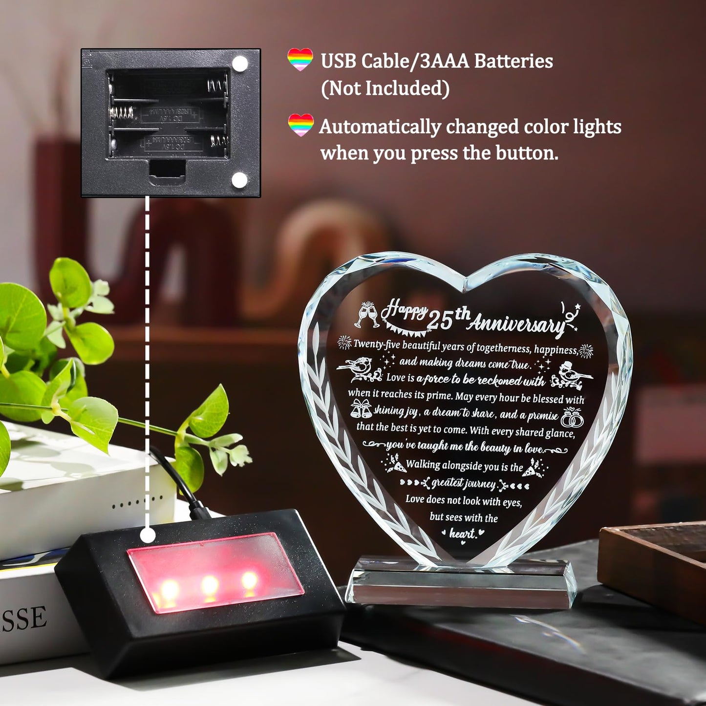 25th Wedding Anniversary Crystal Gifts for Couples, Romantic Heart Happy Silver Anniversary Keepsake Gift for Wife Husband with LED Light Base, 25 Years of Marriage for Her Him Party Decor
