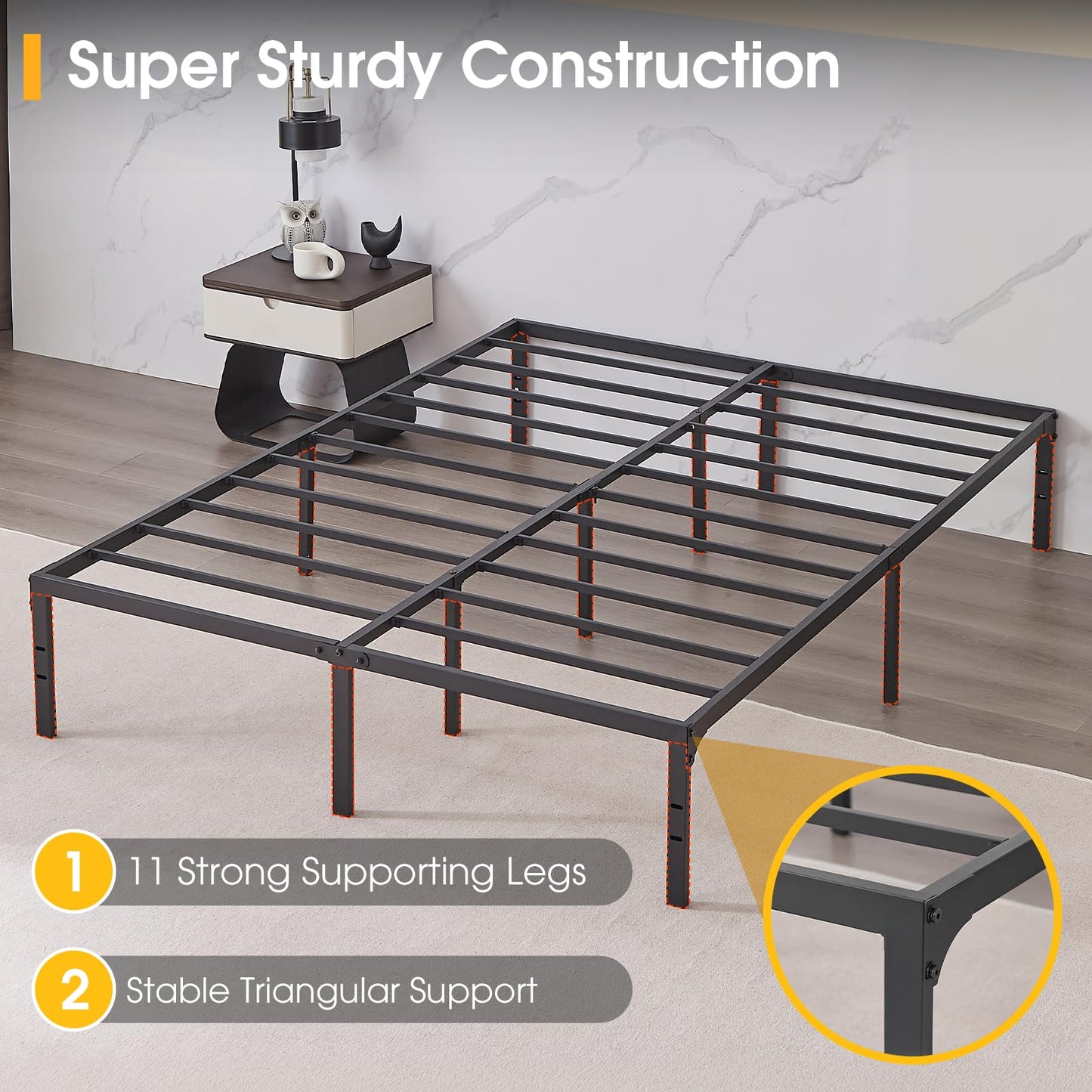 BedsPick Queen Bed Frame, 14 Inch Metal Platform Bed Frame Queen Size, Heavy Duty Sturdy Mattress Foundation, Noise Free, Easy Assembly, Steel Slats Support, No Box Spring Needed, Black