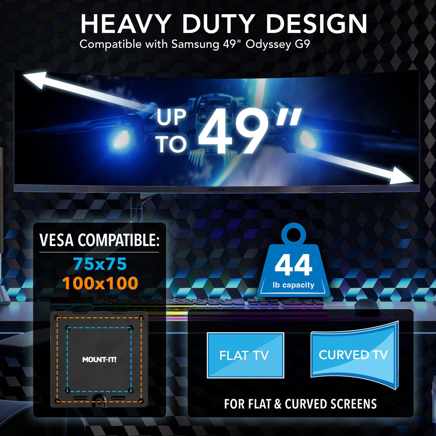 Mount-It! Heavy-Duty Ultrawide Monitor Arm up to 49”, 44 lb Capacity, Desk Mount for Curved & Widescreen Monitors, Compatible with Samsung Odyssey G9, Gas Spring, RGB Lighting, VESA 75x75 & 100x100