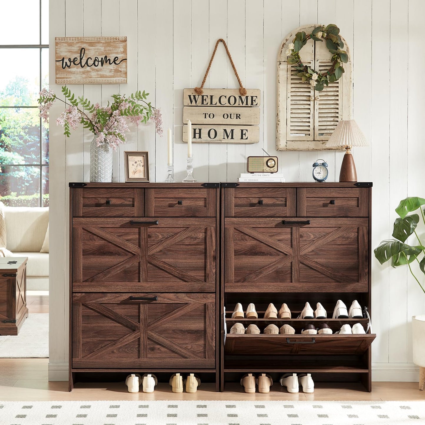 Barnyatoh Shoe Storage Cabinet, Farmhouse Shoe Organizer with 2 Hidden Flip Drawers & 2 Drawers, Narrow Freestanding Shoe Rack Cabinet with Adjustable Shelves for Entryway Hallway,Rustic Brown