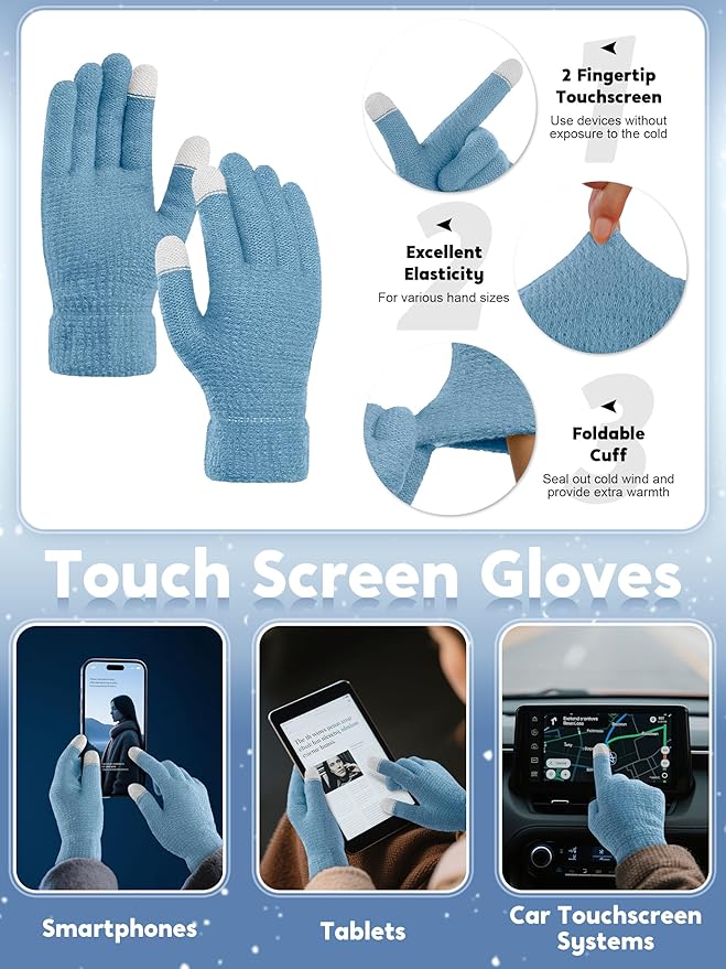 URATOT 4-In-1 Winter Warm Sets Knitted Scarf Touch Screen Gloves Beanie Pompom Hat and Winter Ear Warmer for Men or Women