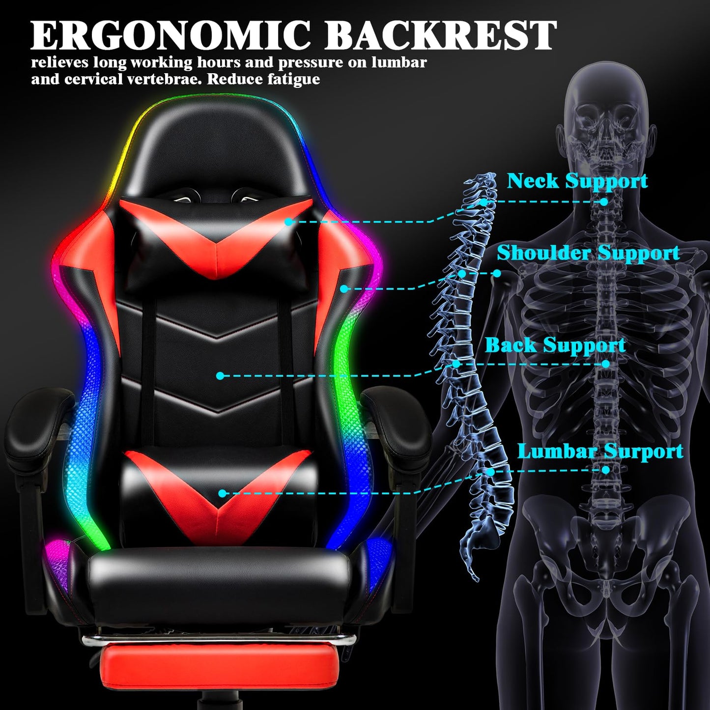 Czlolo Gaming Chair, Racing Style RGB LED Lights Gaming Chairs for Adults and Kids, Lumbar Massager Gamer Chair, High Back Reclining Computer Chair with Footrest and Headrest (Black/Red)